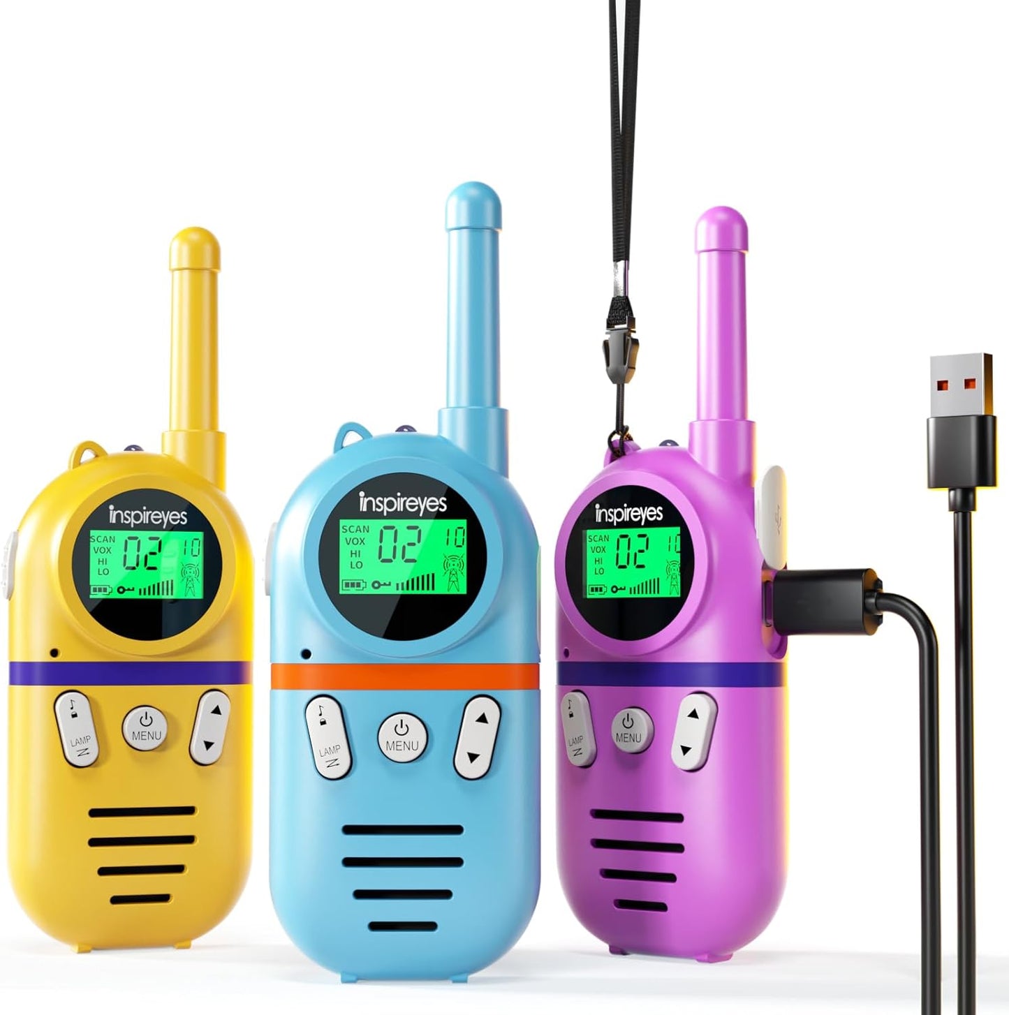 Three colorful kids walkie-talkies toys with 'Inspireyes' branding on a white background.