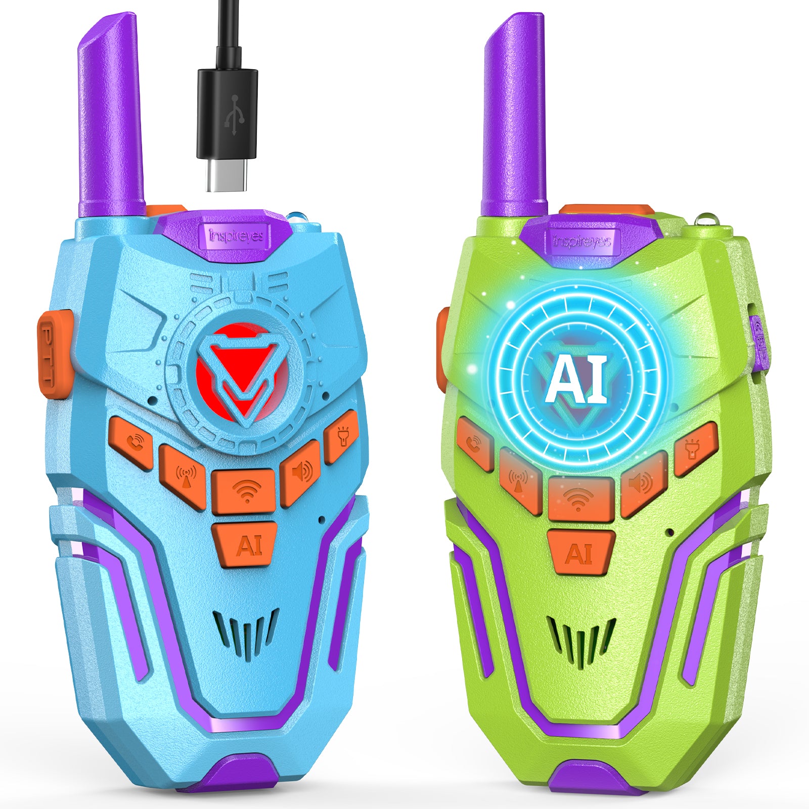 Two colorful AI powered walkie-talkie toys, one blue and one green, on a white background.