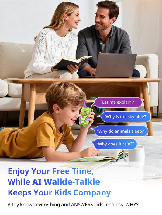 Family in a living room with a child using an AI walkie-talkie toy, surrounded by cuirous questions bubbles.