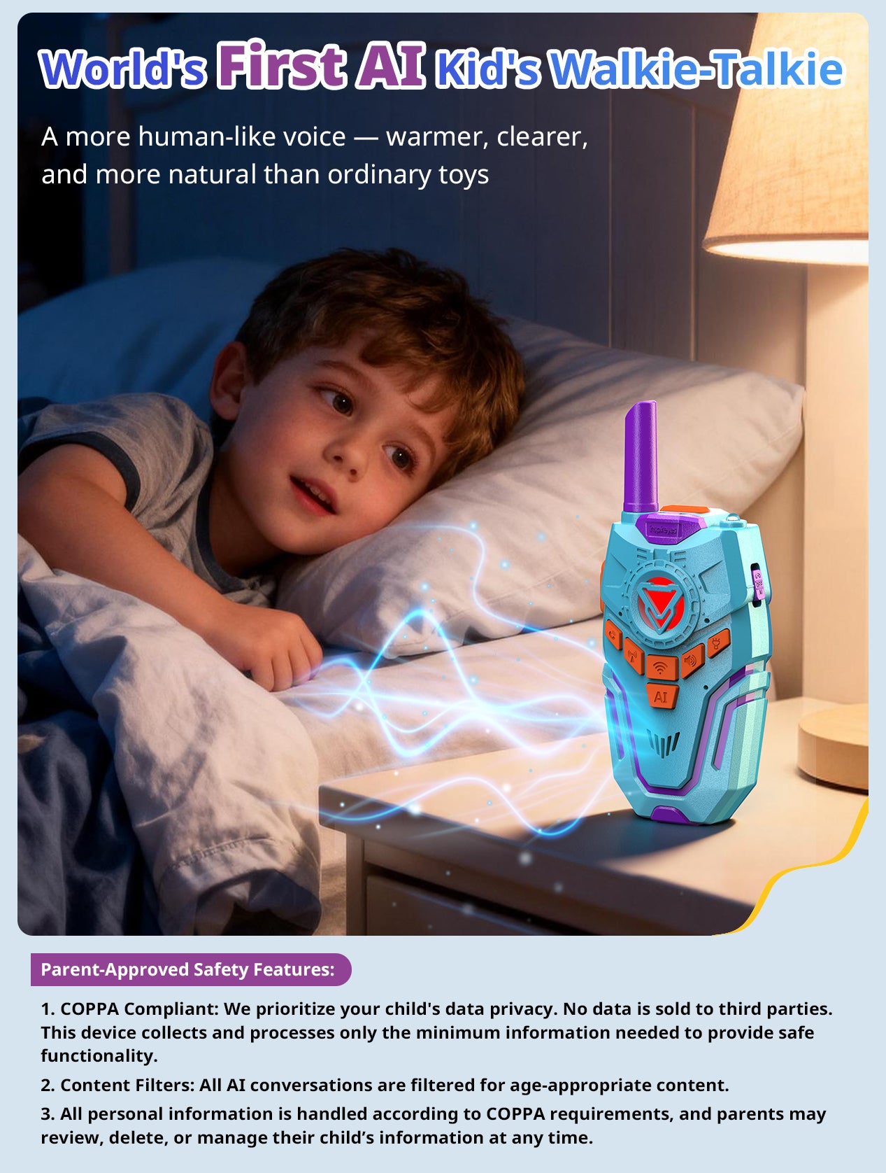 Child in bed with an blue AI walkie-talkie toy, emphasizing AI voice clone technology.