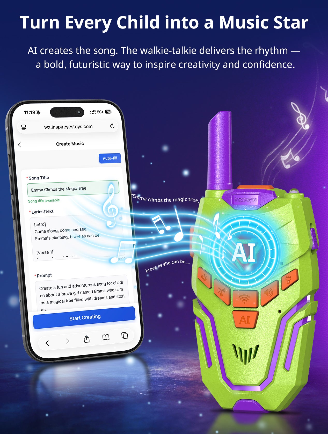 Green AI walkie-talkie toy with AI branding next to a smartphone displaying AI music creation on wx.inspireyestoys.com