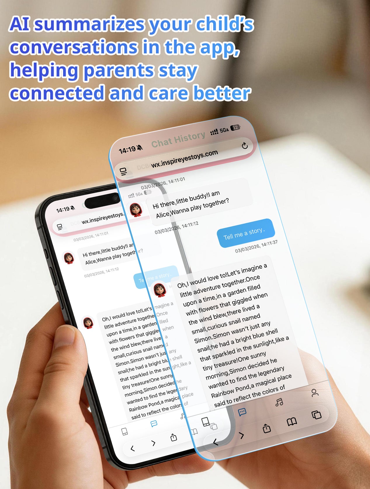 A smartphones displaying text conversations history in the Website.