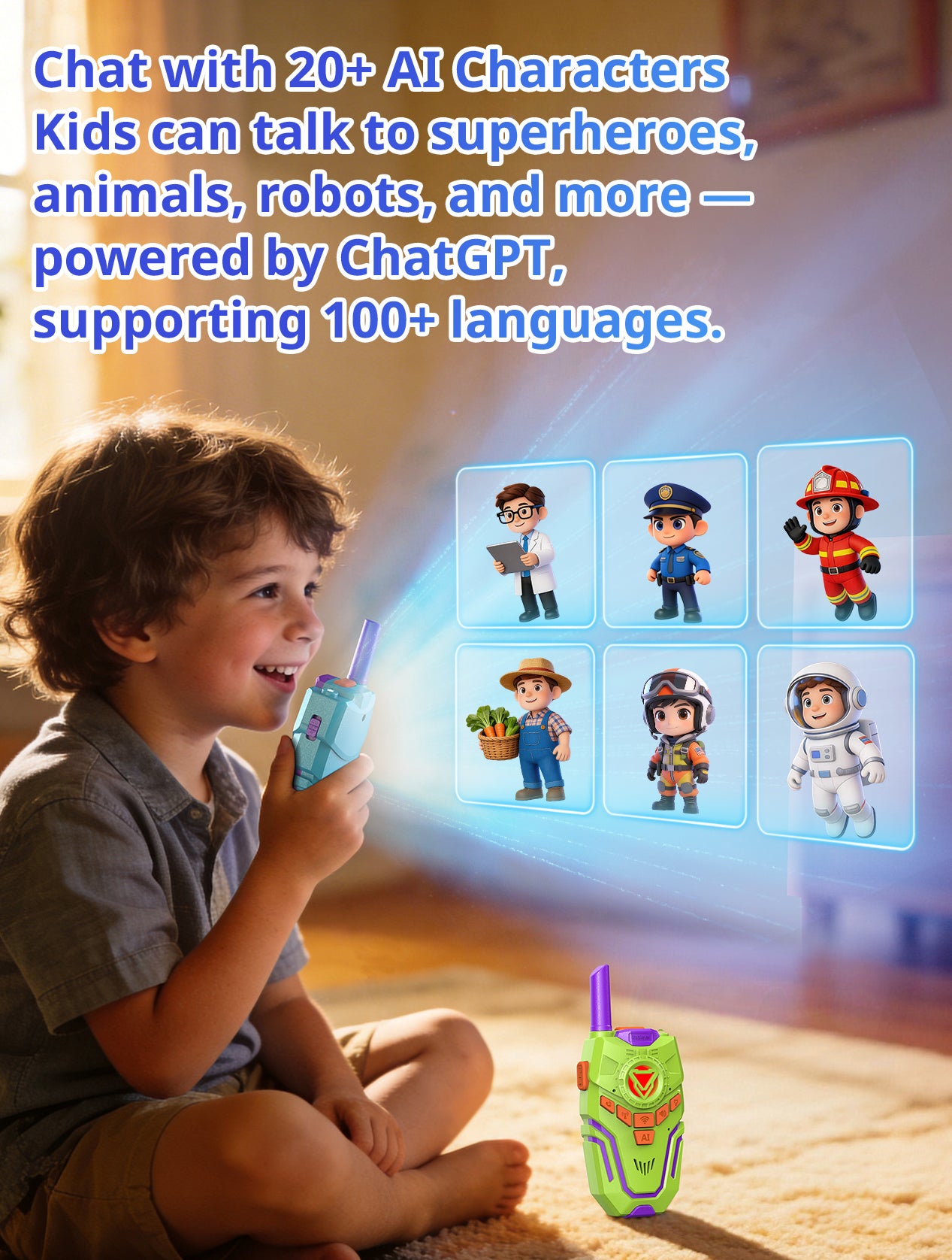 Child playing with AI walkie-talkie toys, interacting with AI digital characters.