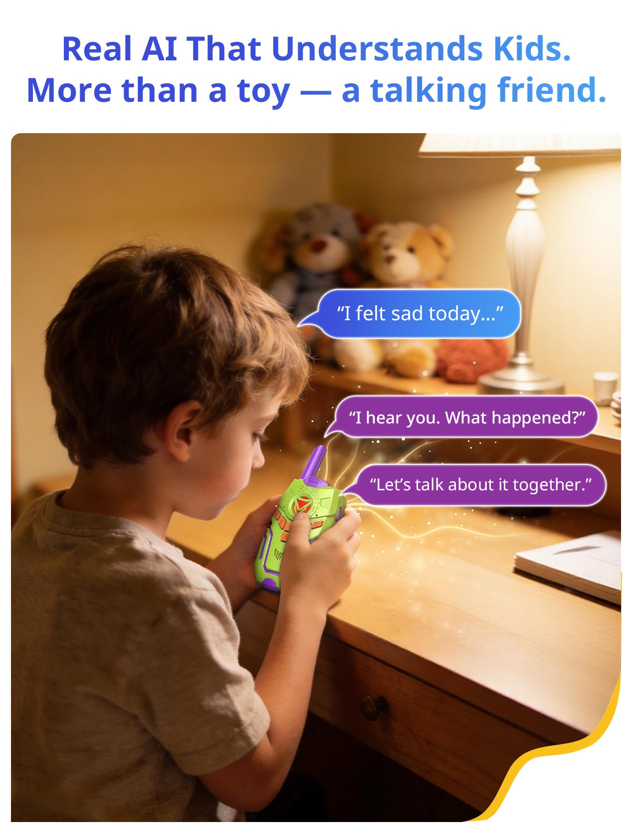 Child using an AI walkie talkie toy with text bubbles indicating a conversation, surrounded by teddy bears on a desk.