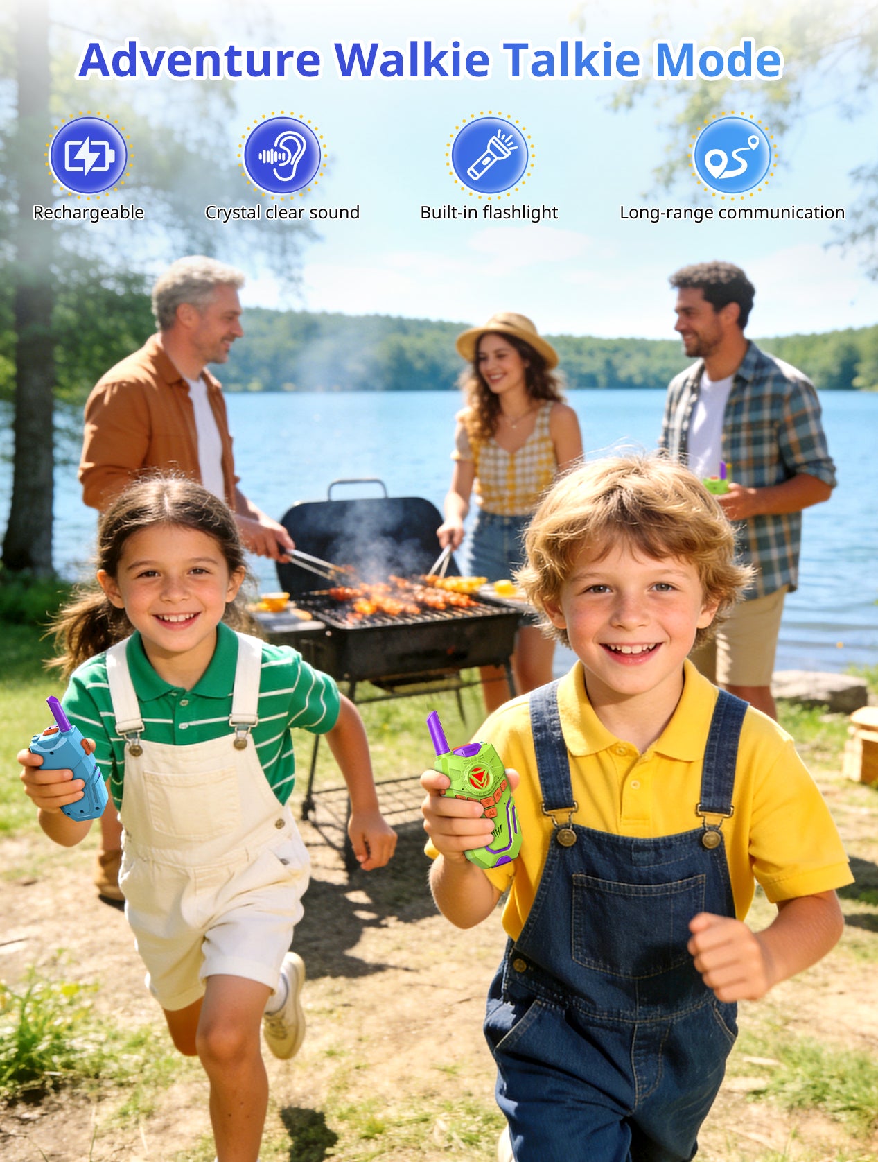 Children with toy walkie talkies at a lakeside picnic with family