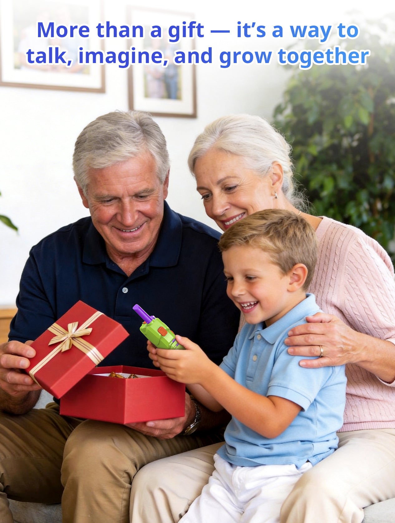 Grandparents and grandson opening a gift together with text about it being more than just a gift.