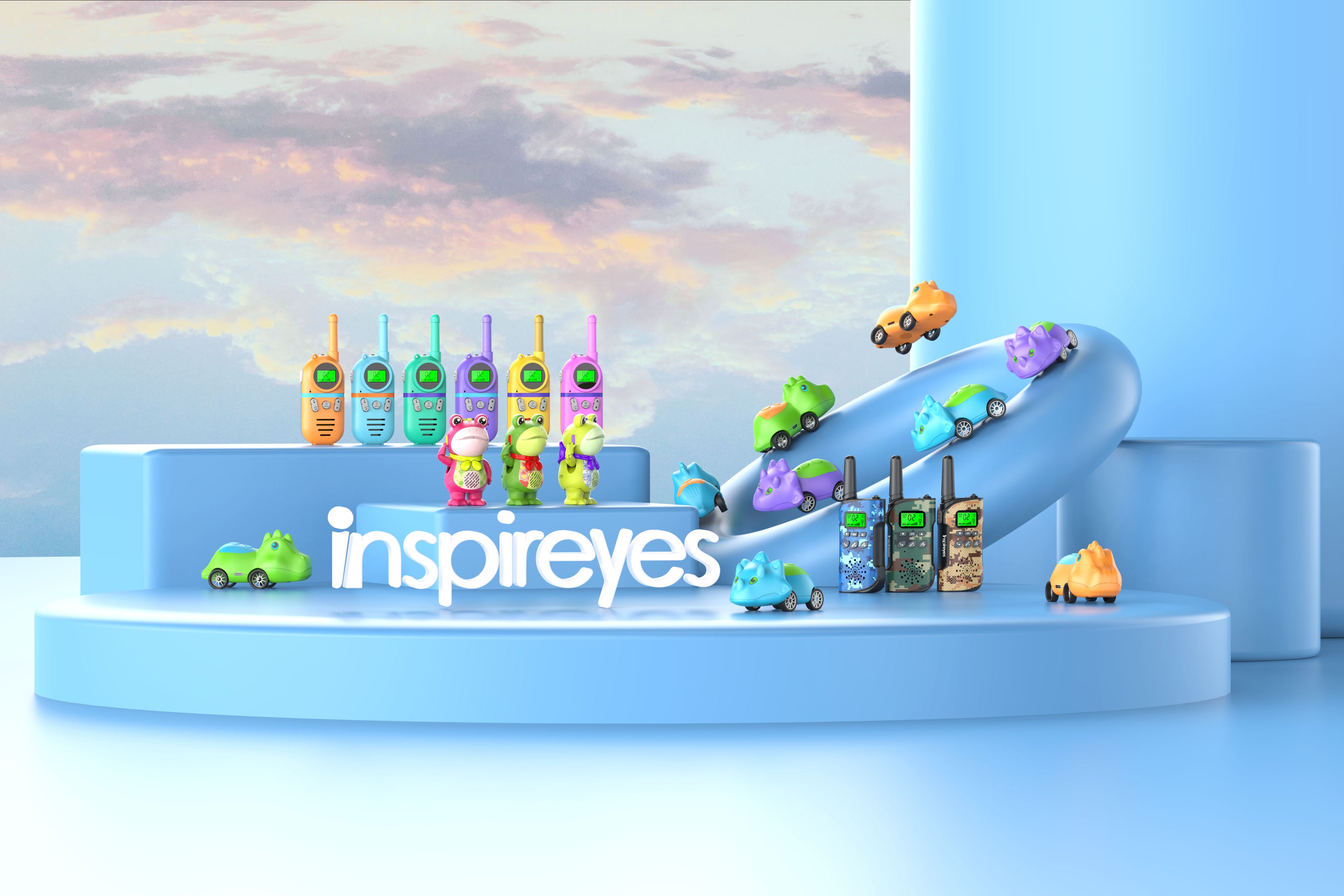 Toy cars shaped walkie talkies and frogs shaped walkie talkie on a ramp with 'inspireyes' branding against a colorful sky.